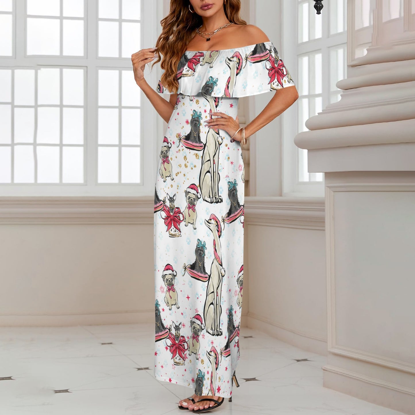 Dog Christmas Women's Off Shoulder Ruffle Boat Neck Dress (Model D71)