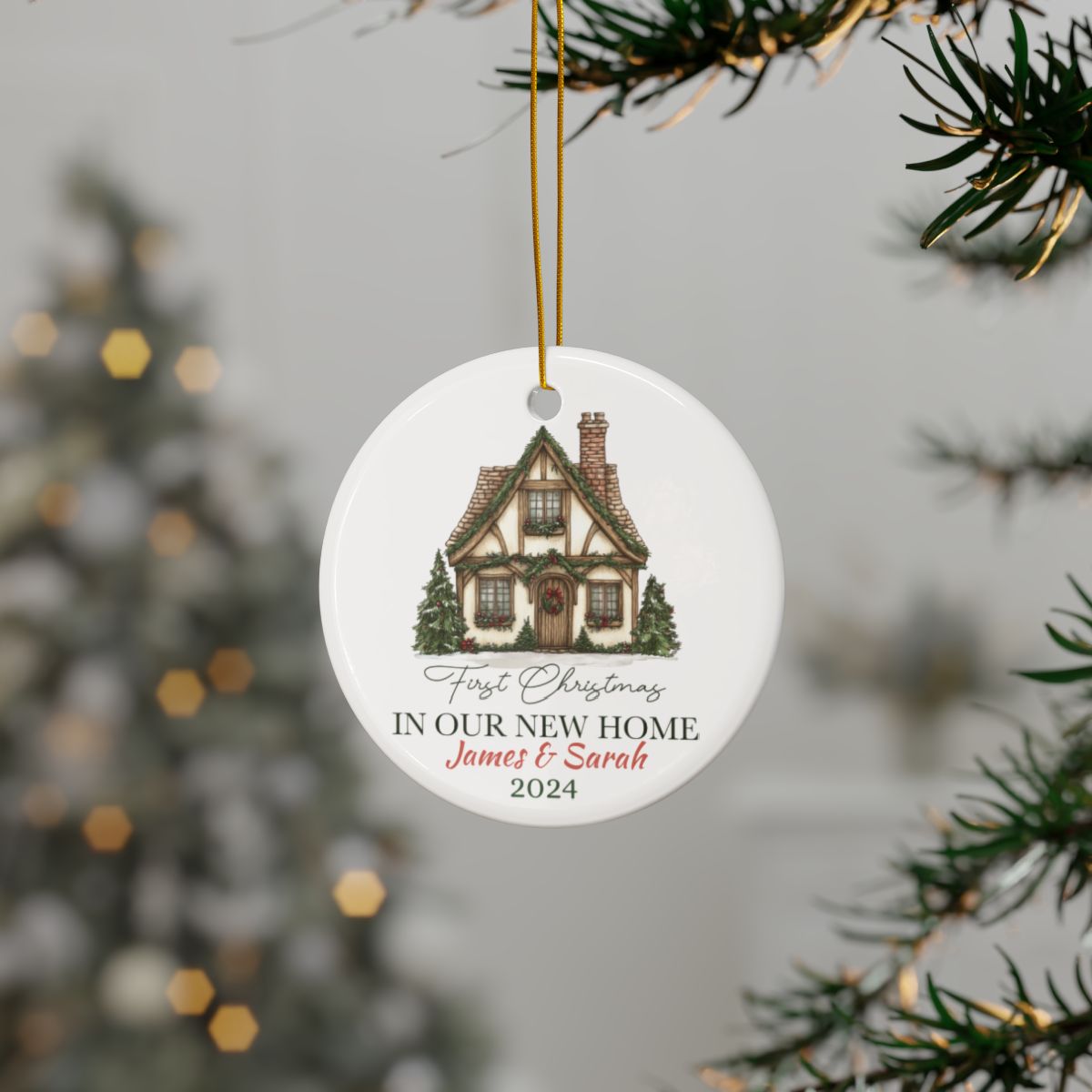 First Christmas New Home Ornament, Personalized Ceramic Ornament, Green Holiday Decor, New Home Gift, Christmas Tree Ornament, Family Keepsake