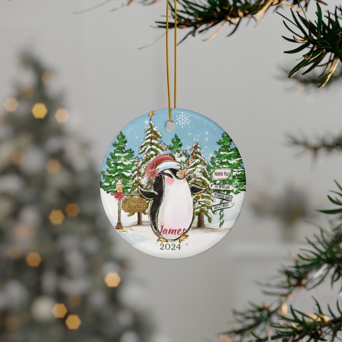 Penguin Christmas Ornament, Personalized Ceramic Keepsake, Holiday Tree Decor, Custom Winter Scene Ornament, Xmas Gift