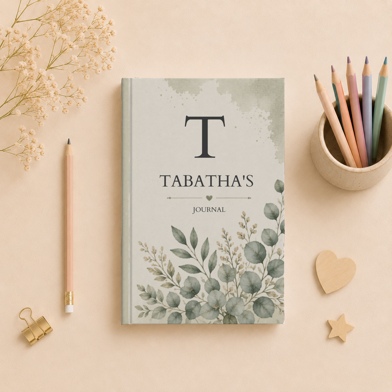 Personalized Hardcover Journal with Elegant Australian Eucalyptus Design, Custom Name Journal, Matte Finish, Perfect Gift for Writers, Nature Lovers