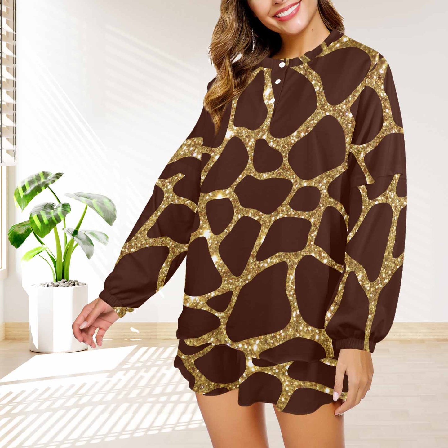 Animal print 6  Women's Long Sleeve Pajama Set with Shorts