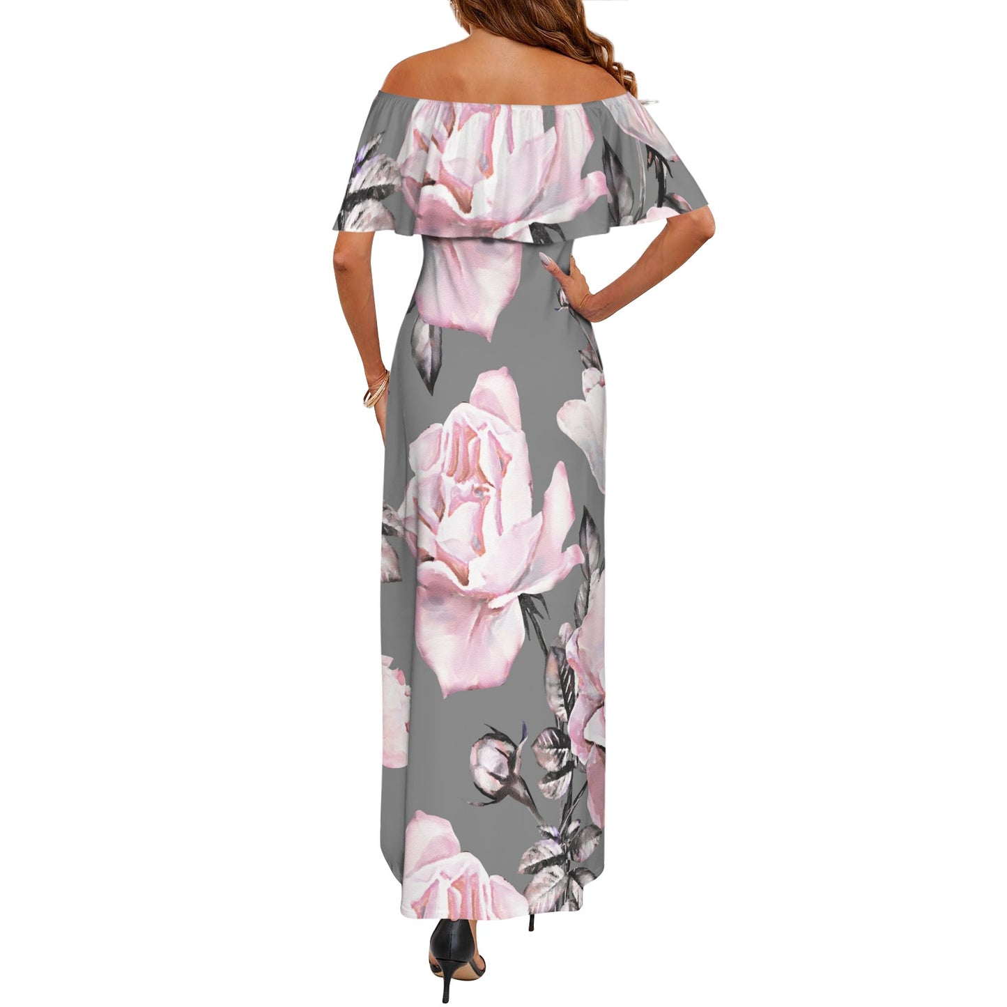 Pink Floral Sakura Women's Off Shoulder Ruffle Boat Neck Dress (Model D71)