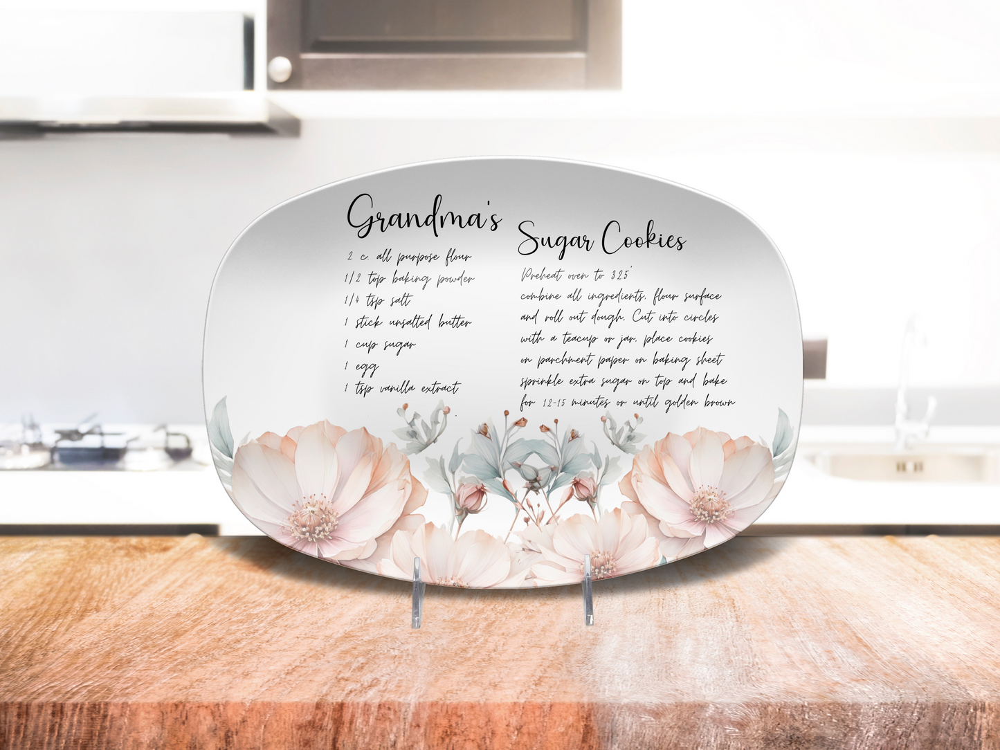 Personalised Teal & Rose Wildflowers Handwritten Family Recipe Heirloom Plate/Platter