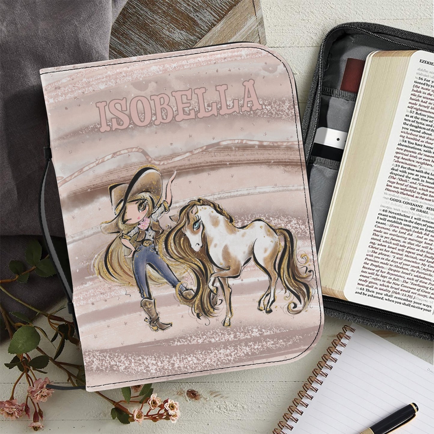 Book/Bible Cover, Howdy, Cowgirl and Horse, Blonde Hair, Brown Eyes