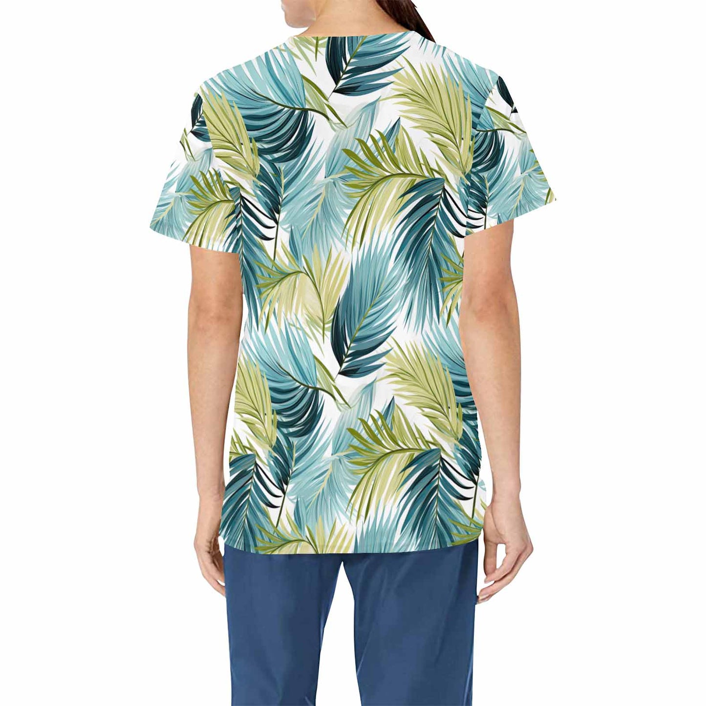 Tropical Palm Leaves Blue and Green  Women's V Neck Scrub Top Nurse Uniform with Deep Front Pockets