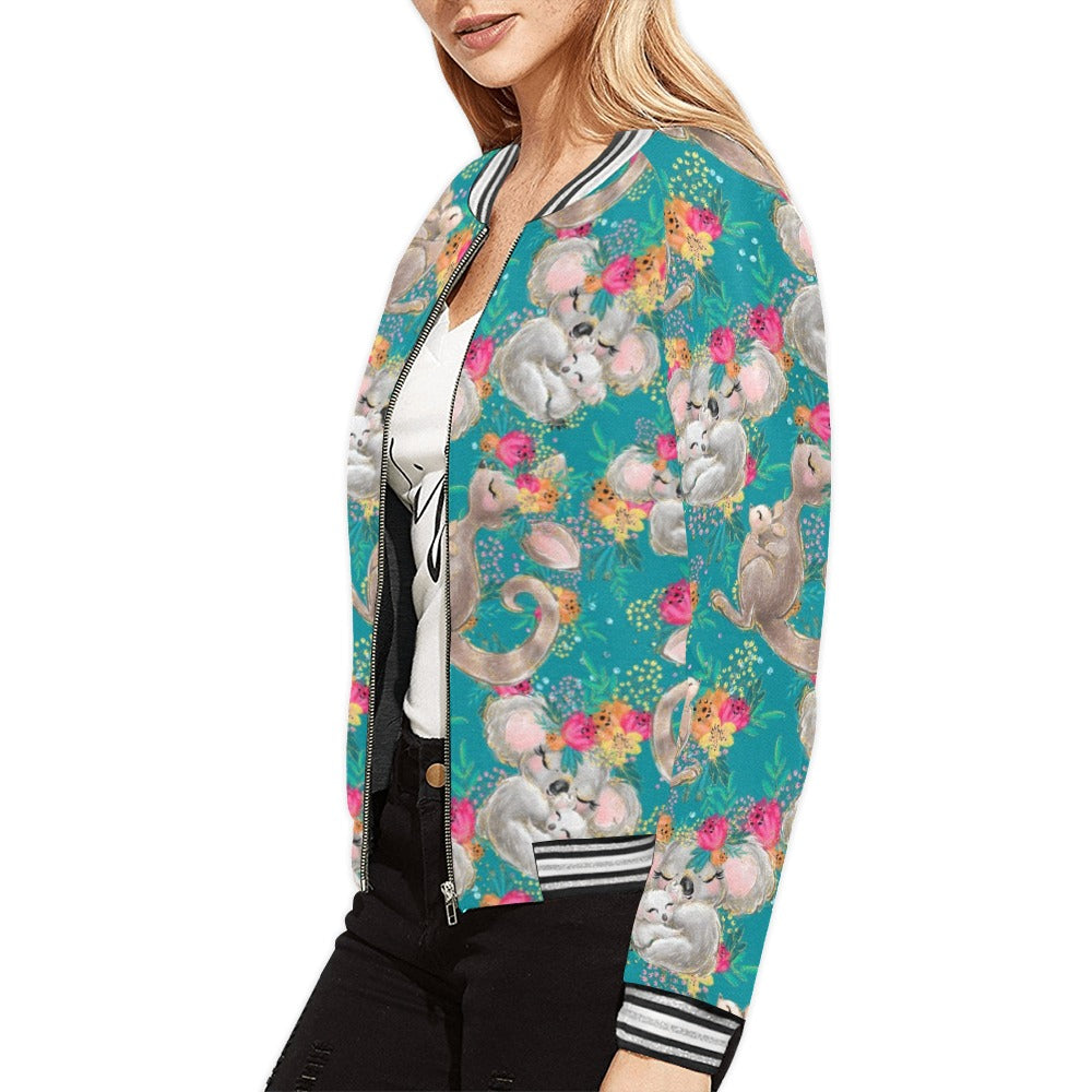 Australian Animals Koala and Kangaroo Green Bomber Jacket for Women