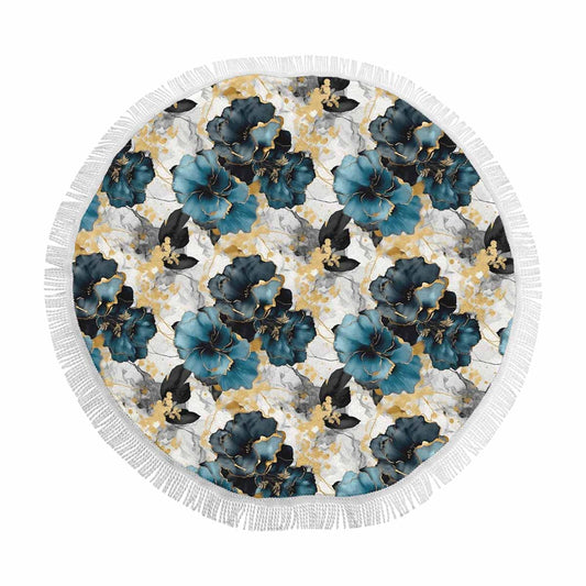 Blue & Gold Ink Floral  Circular Beach Shawl 59"