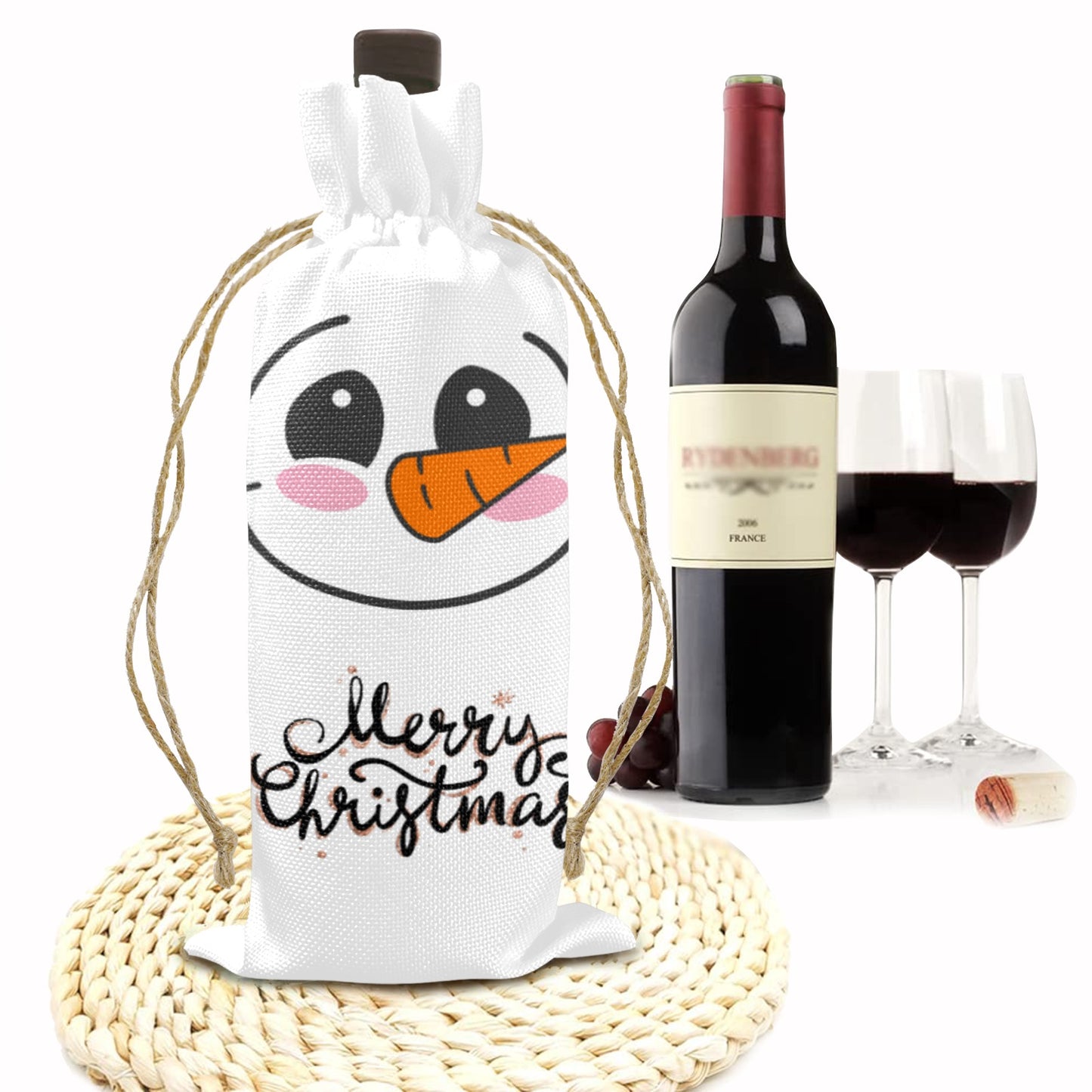 Merry Christmas Snowman Linen Wine Bottle Bag