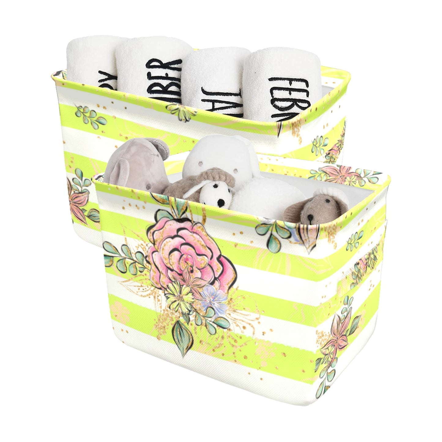 Floral Yellow Stripe Fabric Storage Basket