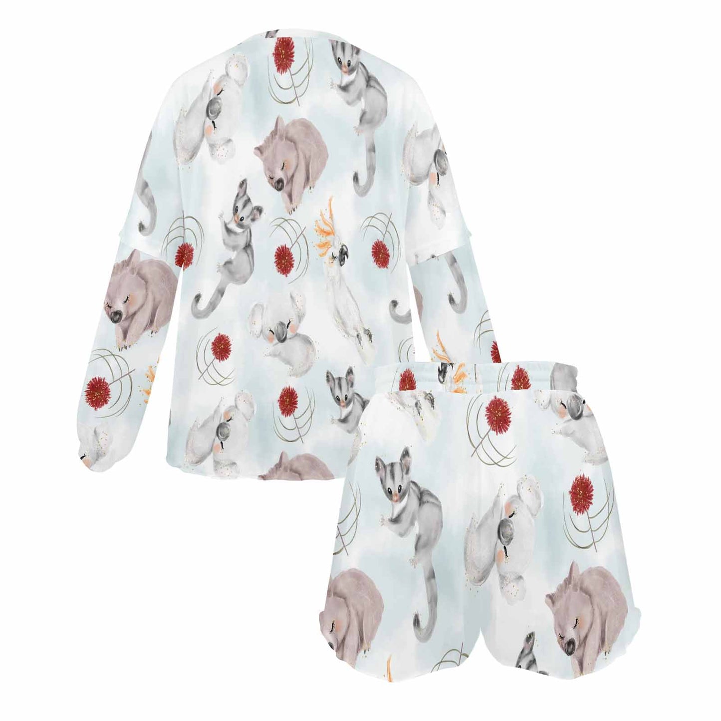 Australian Animals Koala, Sugar Glider, Wombat Women's Long Sleeve Pajama Set with Shorts