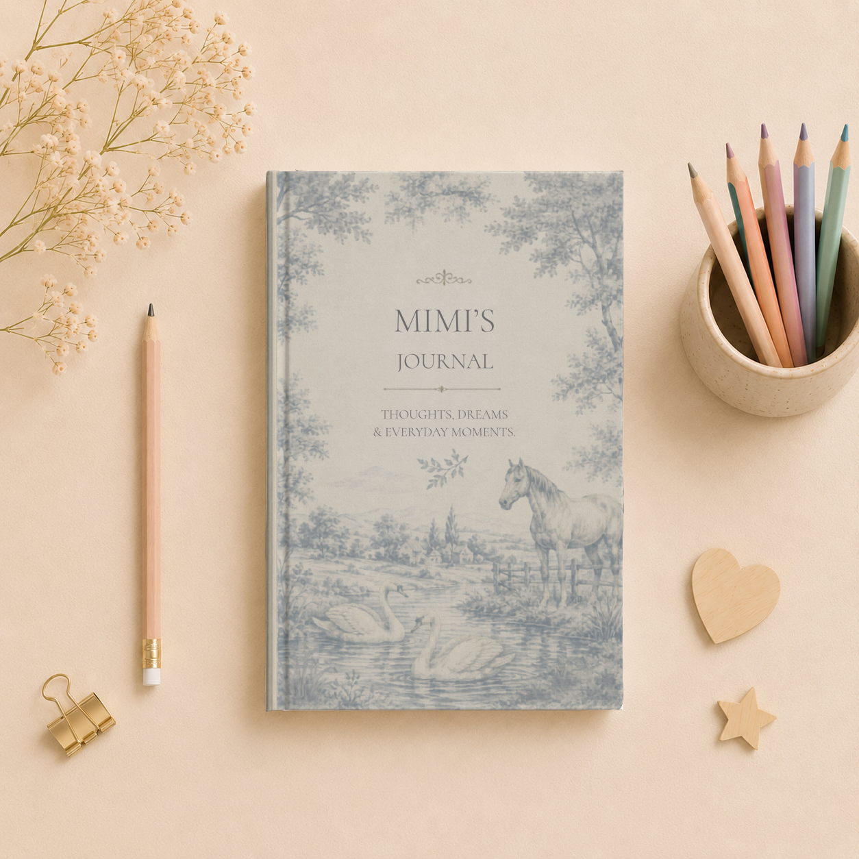 Customizable Matte Hardcover Journal, Personalized Writing Notebook, Elegant Design, Horse and Swan Illustration, Gifts for Writers