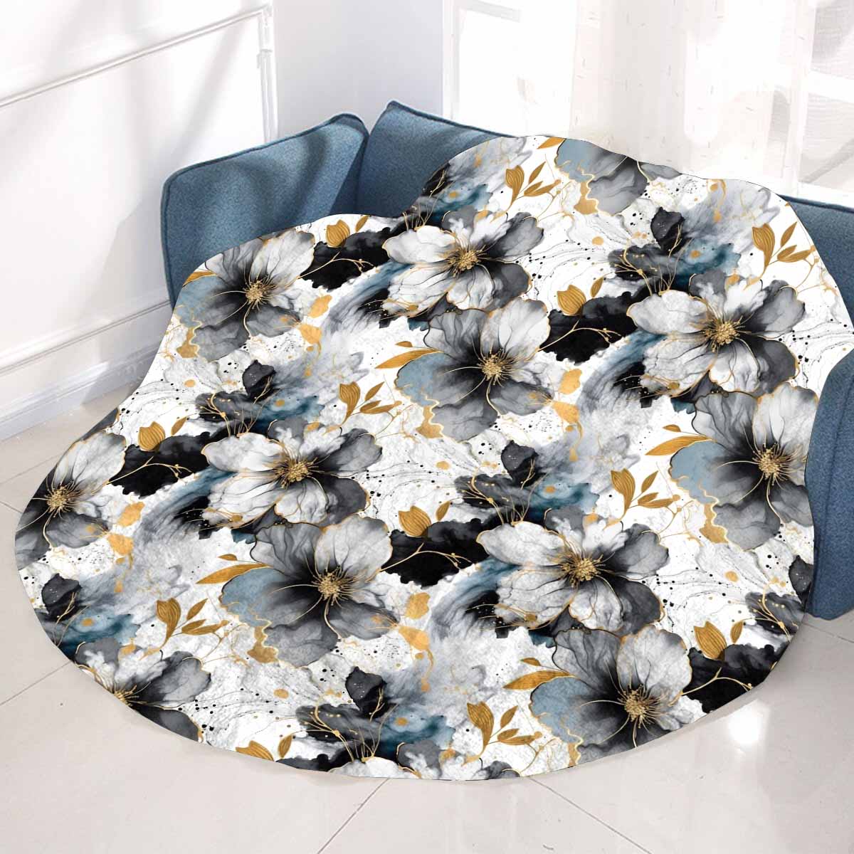 Black White and Gold  Circular Micro Fleece Blanket 60"