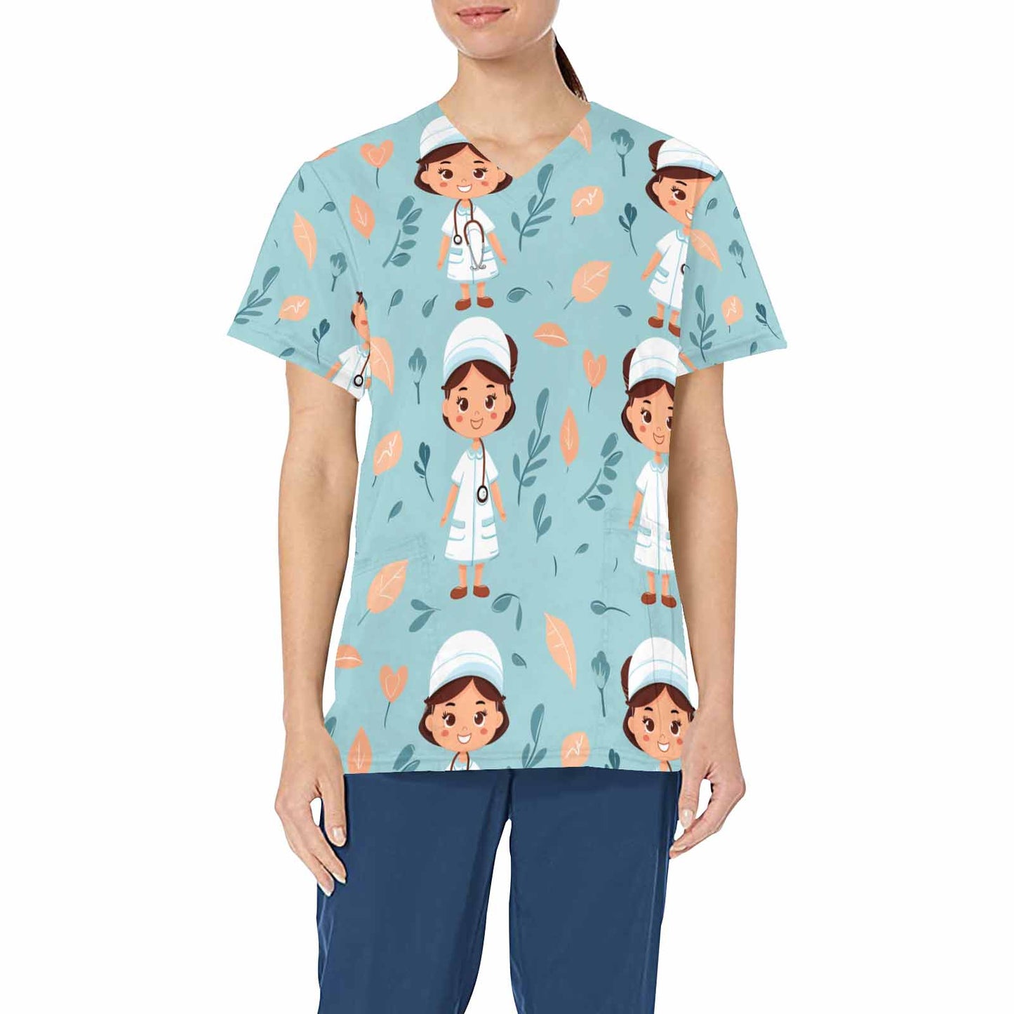 Nurse5  Women's V Neck Scrub Top Nurse Uniform with Deep Front Pockets