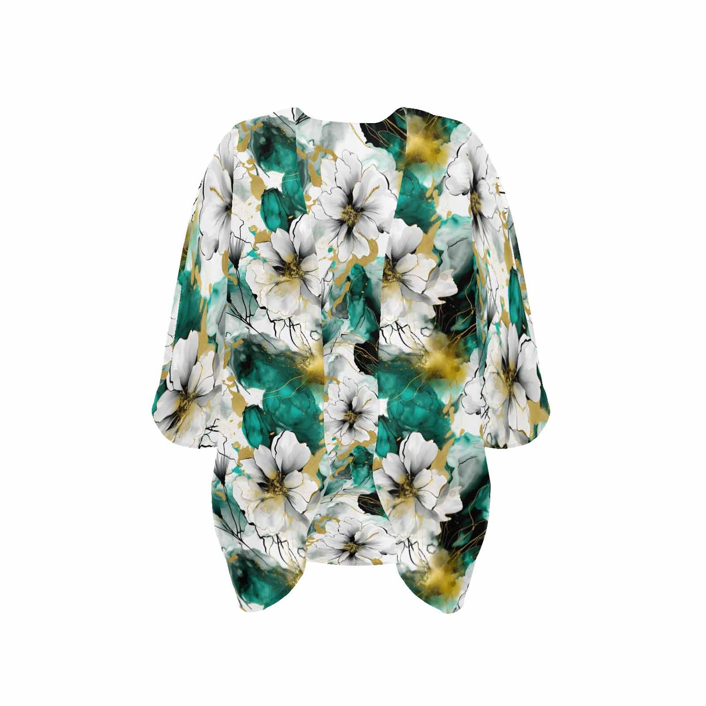 Green and White Ink Floral Women's Kimono Chiffon Cover Up