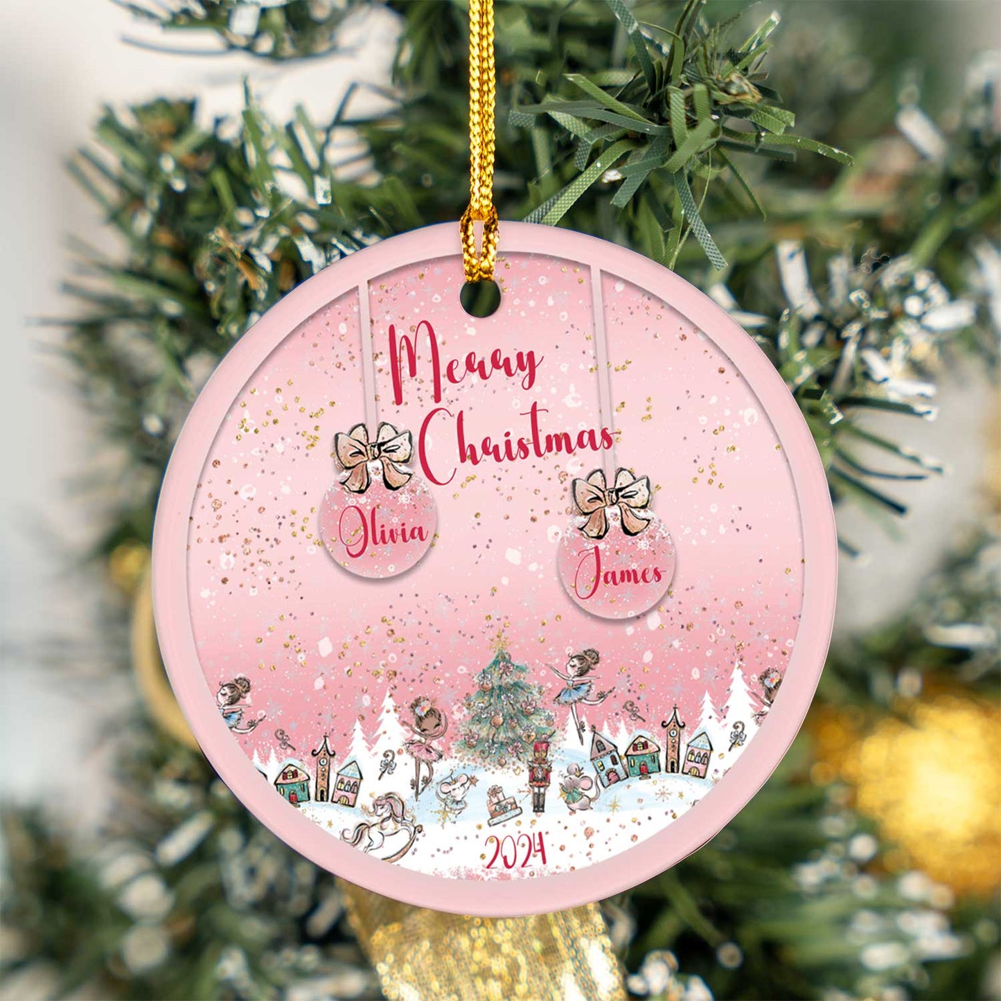 Personalised Pink Christmas Baubles Ceramic Ornament