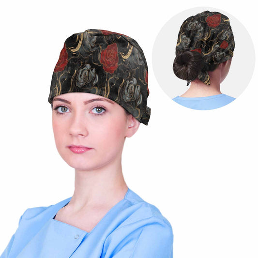 Nurse Scrub Cap Black and Red Roses 2  Scrub Cap