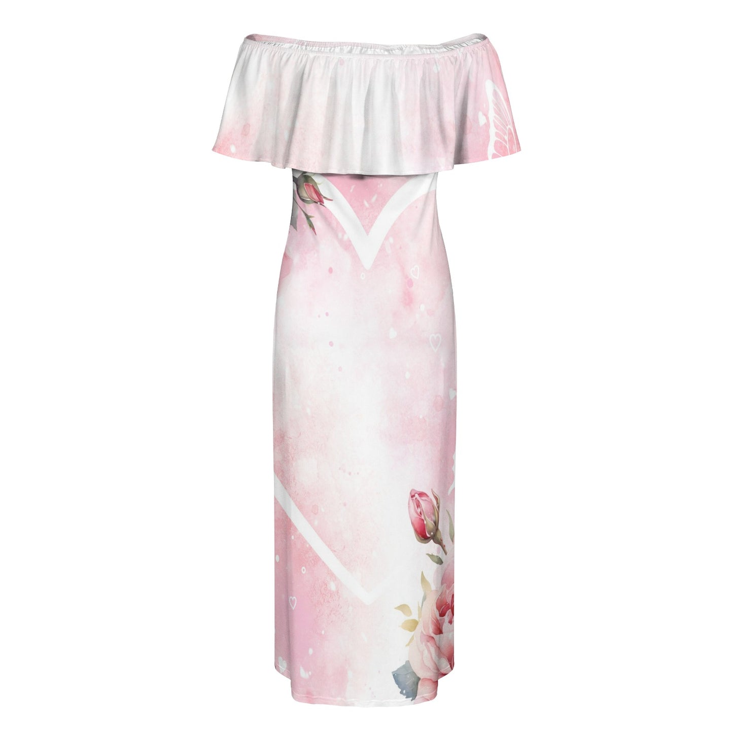 Roses Heart Women's Off Shoulder Ruffle Boat Neck Dress (Model D71)