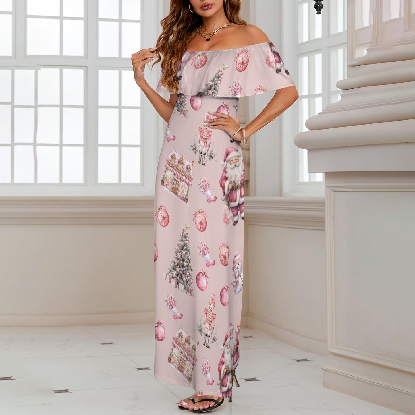 Pink Chirstmas Santa Women's Off Shoulder Ruffle Boat Neck Dress (Model D71)