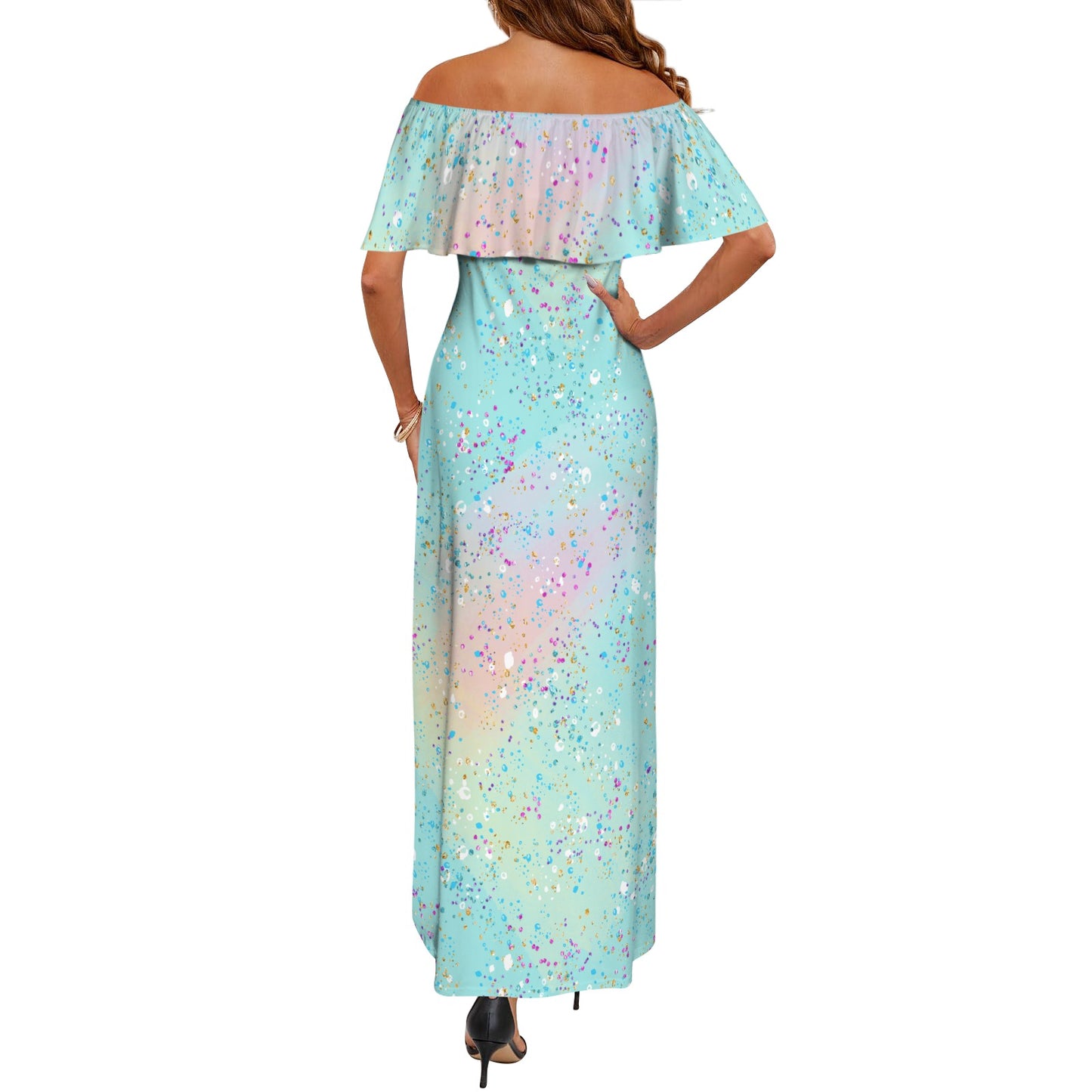 Green Splash Women's Off Shoulder Ruffle Boat Neck Dress (Model D71)