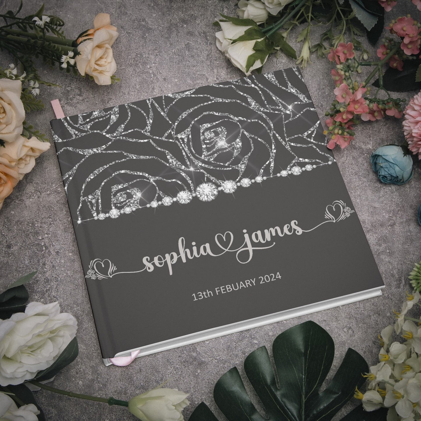 Square Wedding Guest Book, Black and Silver