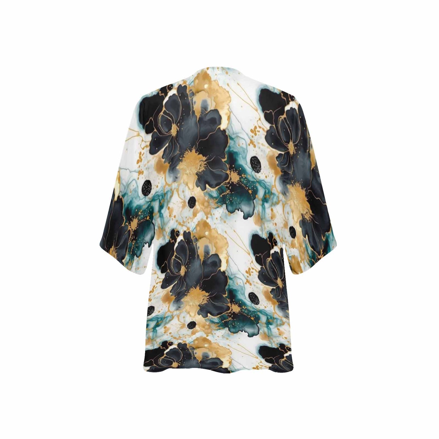 Black Gold & Green Ink Floral Women's Kimono Chiffon Cover Up