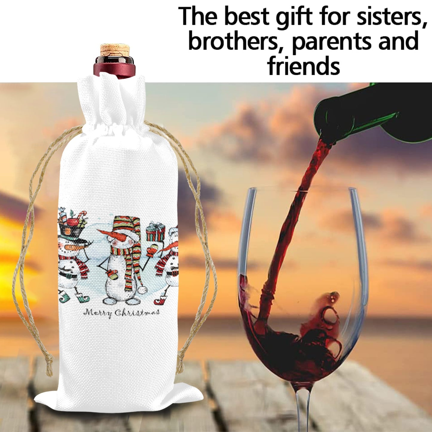 Merry Christmas Whimsical Snowmen Linen Wine Bottle Bag