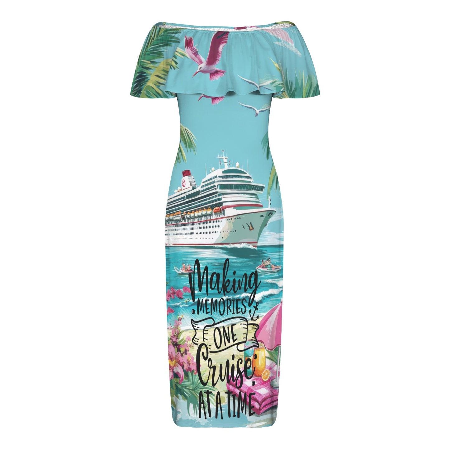 Making memories one cruise at a time-01 Women's Off Shoulder Ruffle Boat Neck Dress (Model D71)