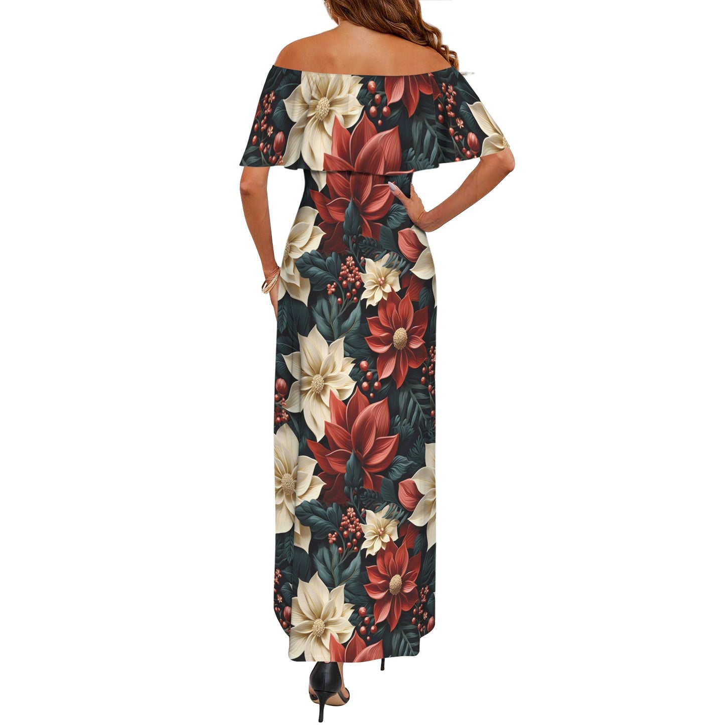 Red Poinsettia Women's Off Shoulder Ruffle Boat Neck Dress (Model D71)