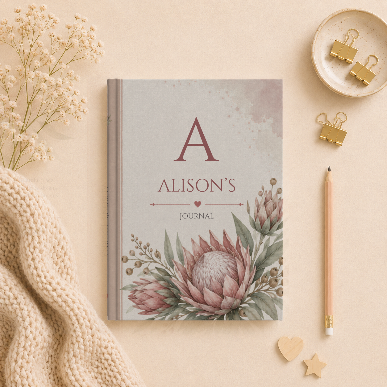 Personalized Australian Protea Floral Journal, Custom Name Diary, Elegant Matte Hardcover Notebook, Aesthetic Gift for Her, Inspirational Writing Book