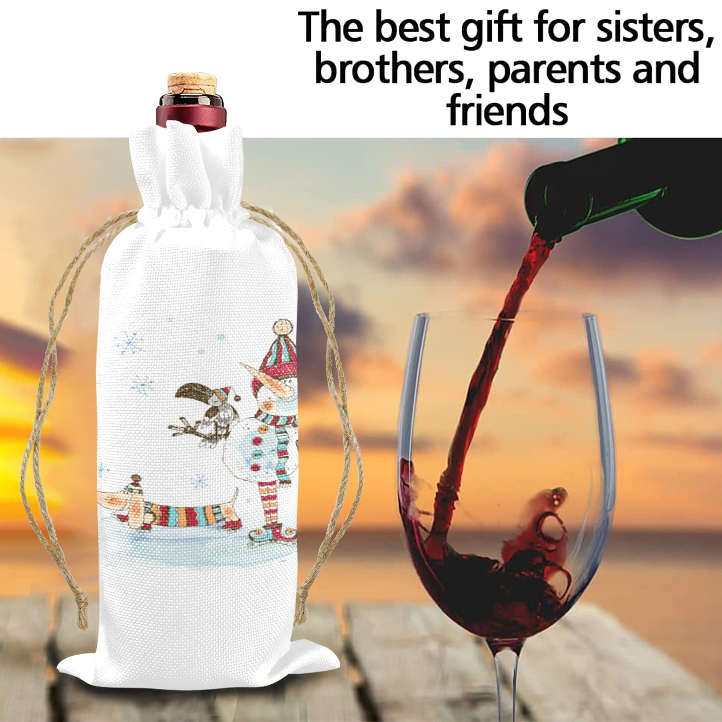 Whimsical Snowman and Dashund Linen Wine Bottle Bag