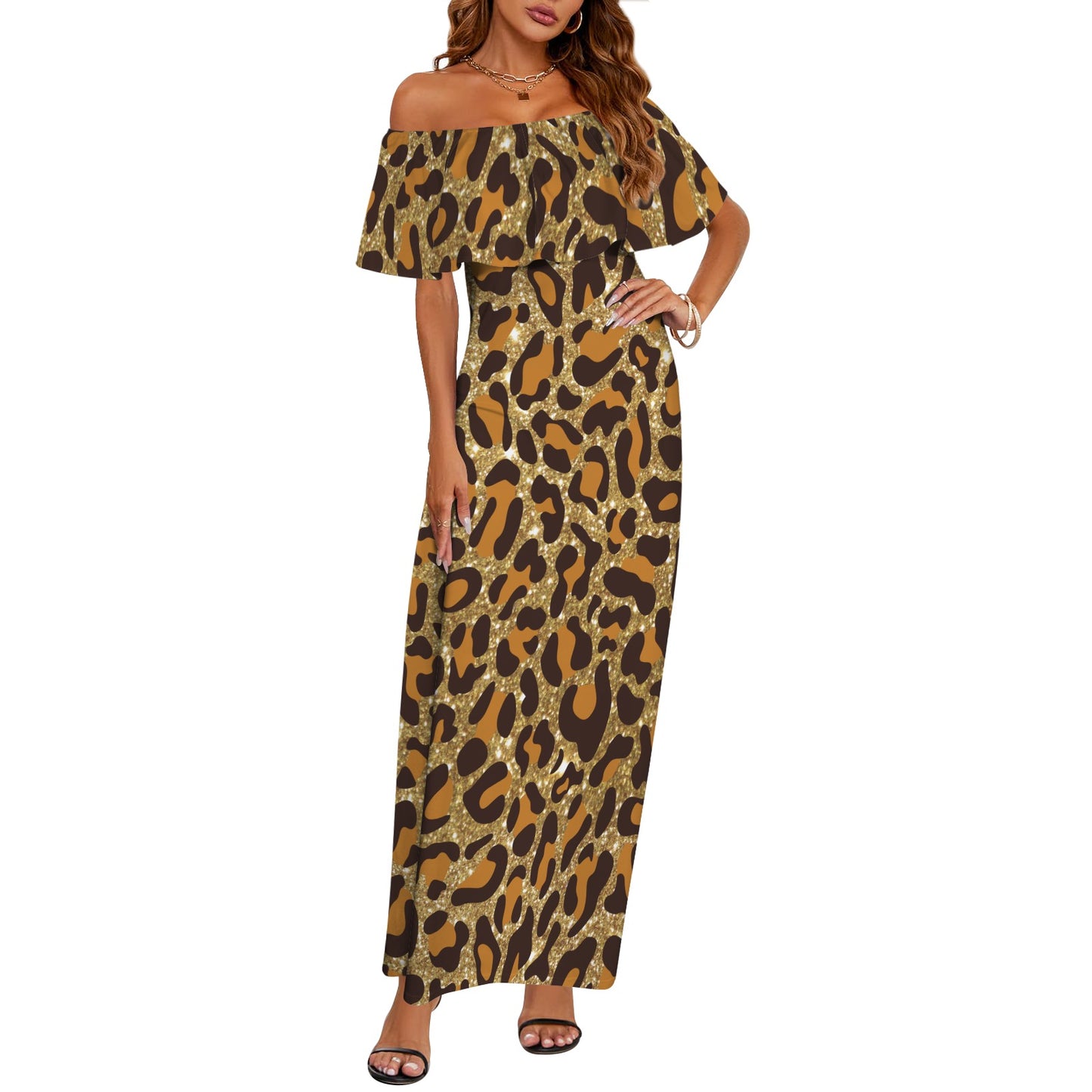 Animal print 5 Women's Off Shoulder Ruffle Boat Neck Dress (Model D71)