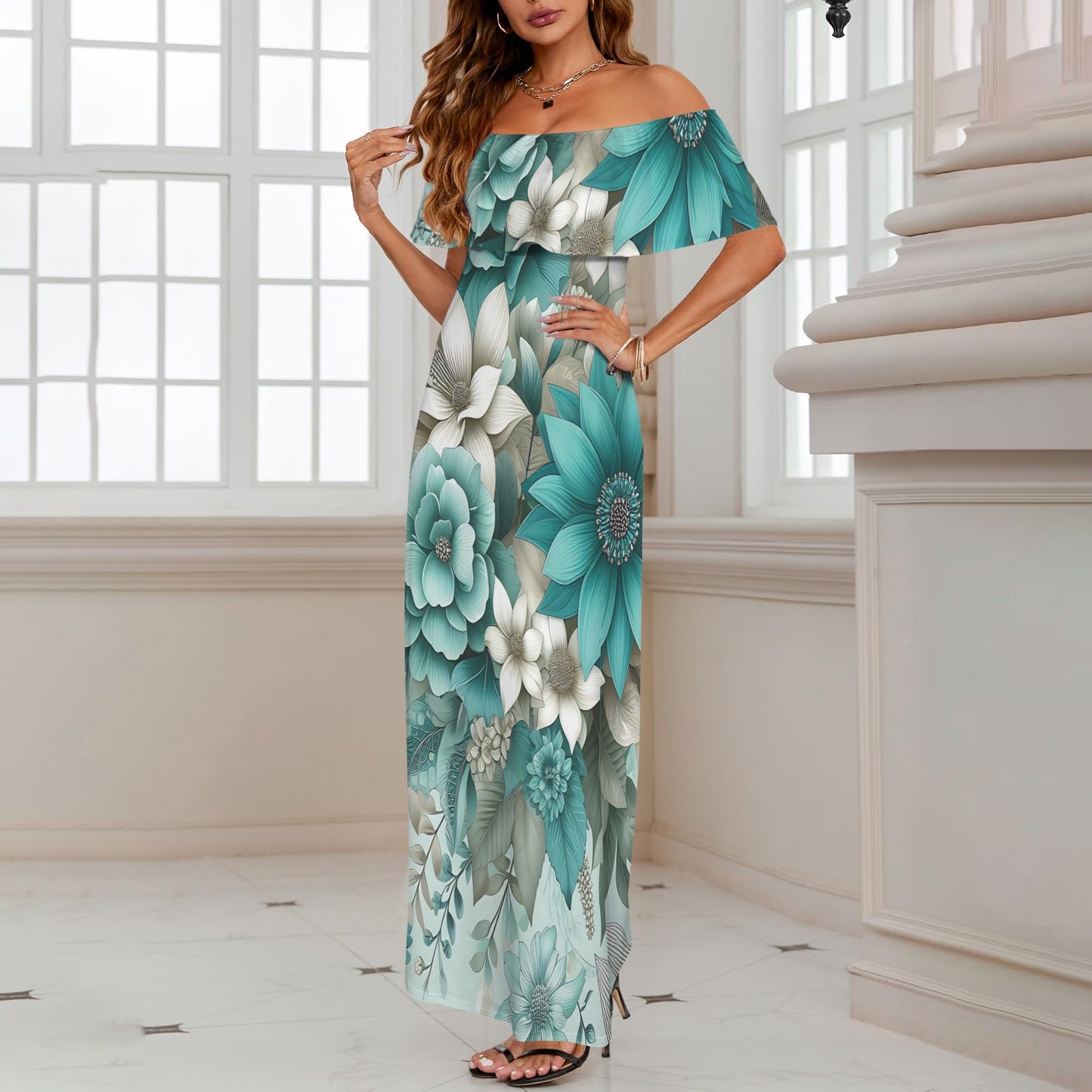 Green Floral awd440 Women's Off Shoulder Ruffle Boat Neck Dress (Model D71)