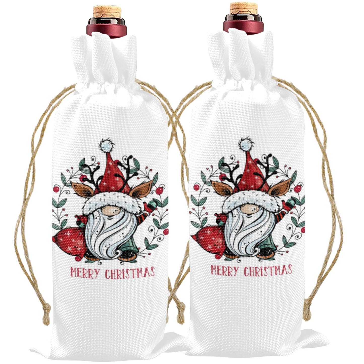 Merry Christmas Whimsical Santa Linen Wine Bottle Bag