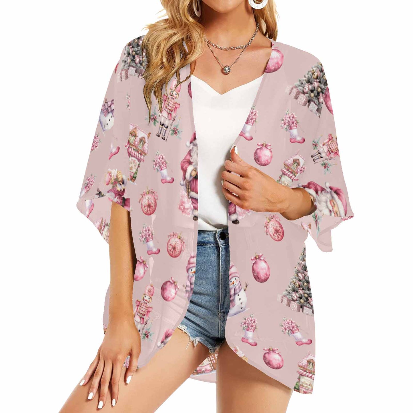 Pink Christmas  Women's Kimono Chiffon Cover Up