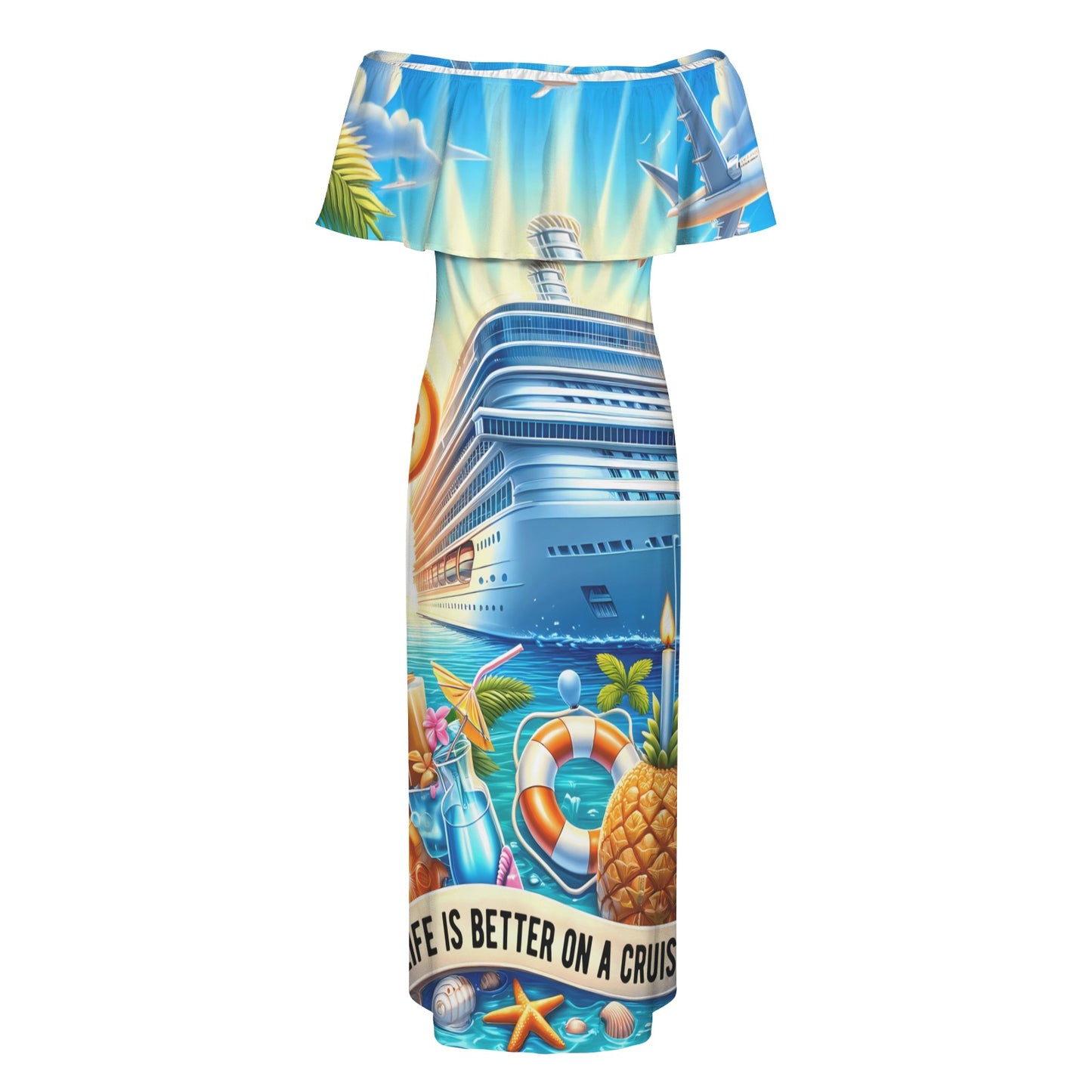 Lifes better on a cruise Women's Off Shoulder Ruffle Boat Neck Dress (Model D71)