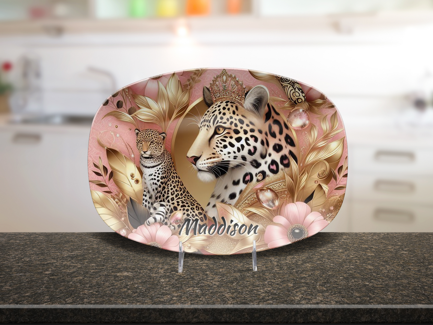 Personalised Pink and Gold Leopard Print Plate/Platter