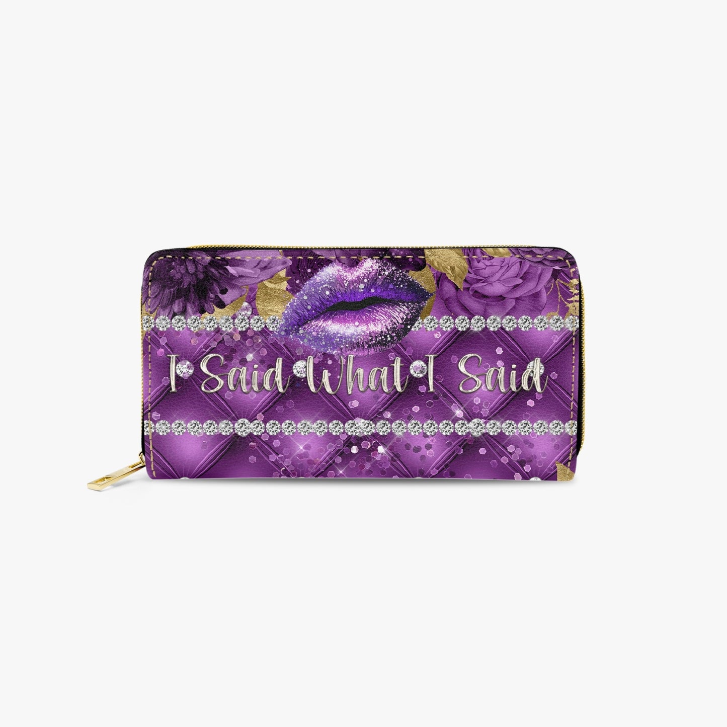 Long Type Zipper Purse - Purple Floral - Lips - I Said What I Said