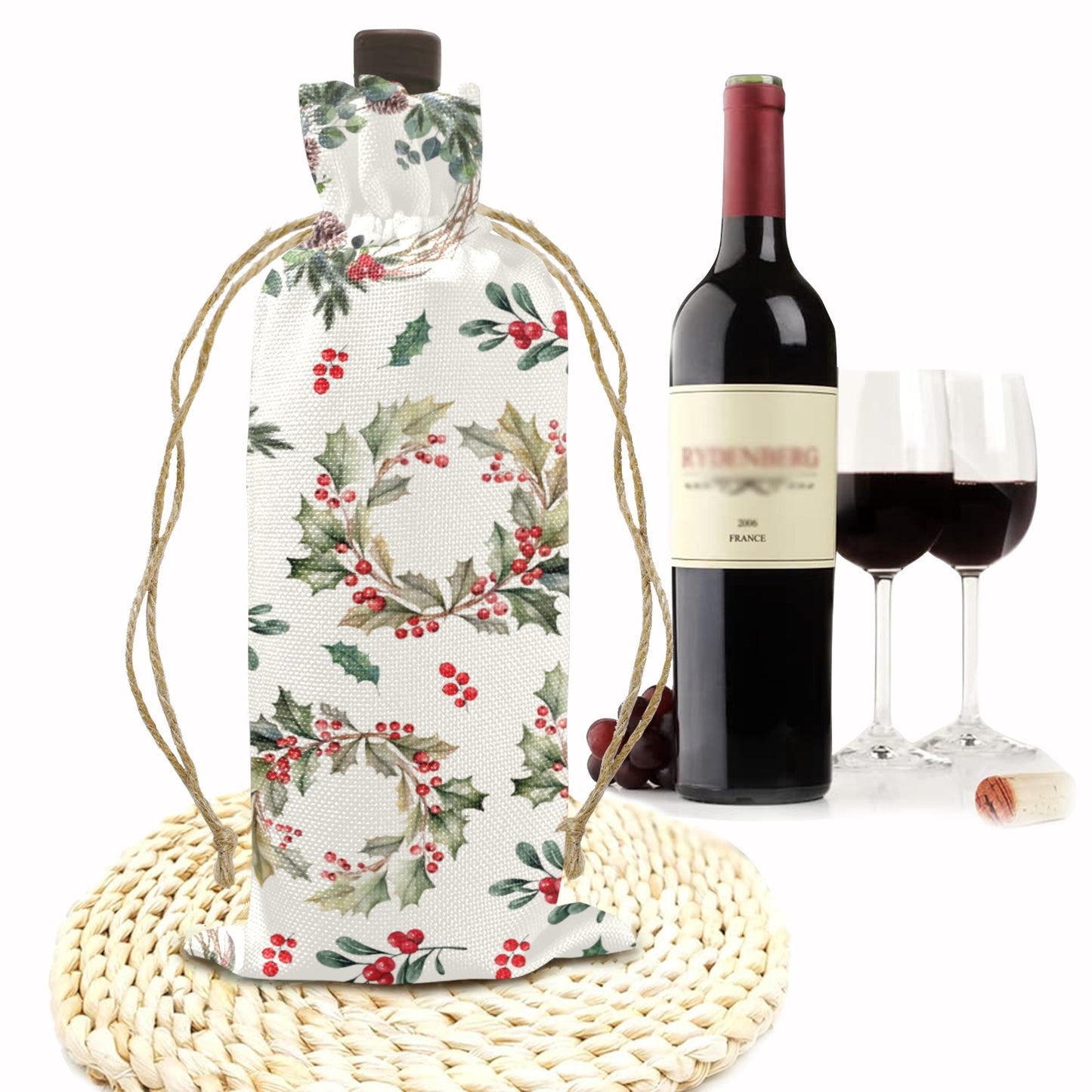 Christmas Wreath Linen Wine Bottle Bag