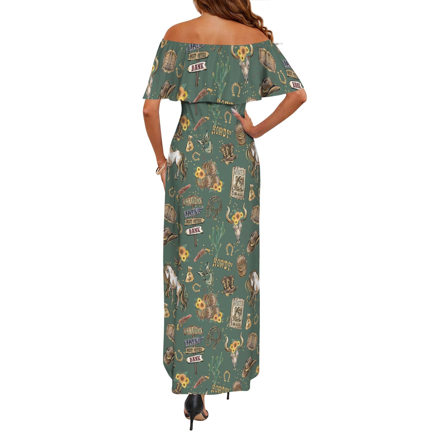 Howdy Cowboy Green Women's Off Shoulder Ruffle Boat Neck Dress (Model D71)
