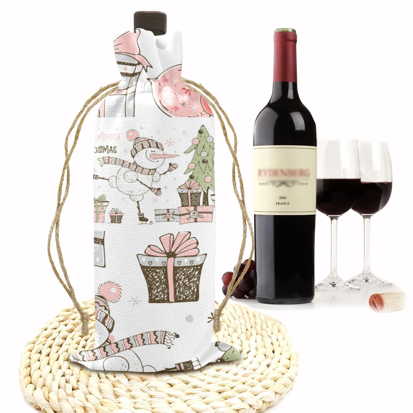 whimsical snowmen Linen Wine Bottle Bag