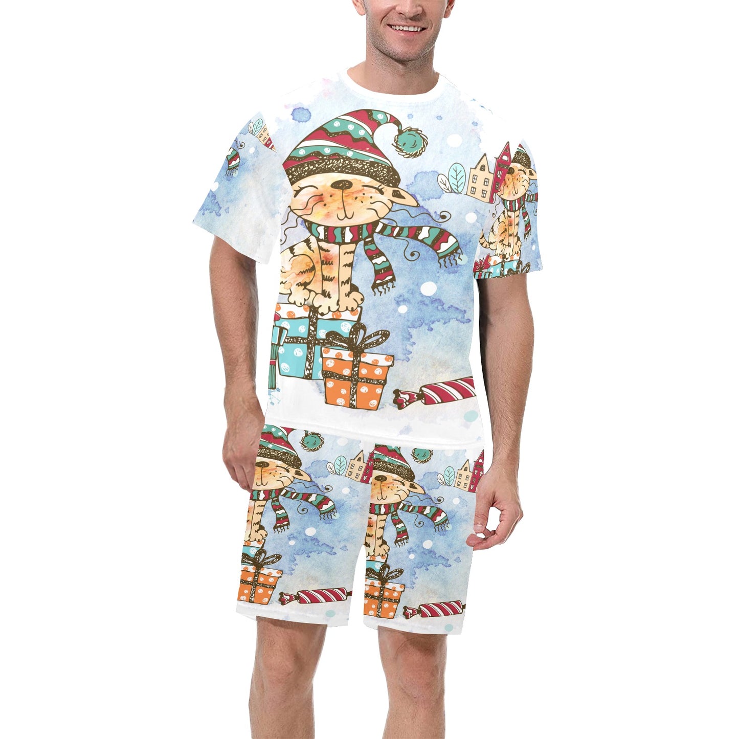 Whimsical Cat Matching Shirt and Short Christmas Sets