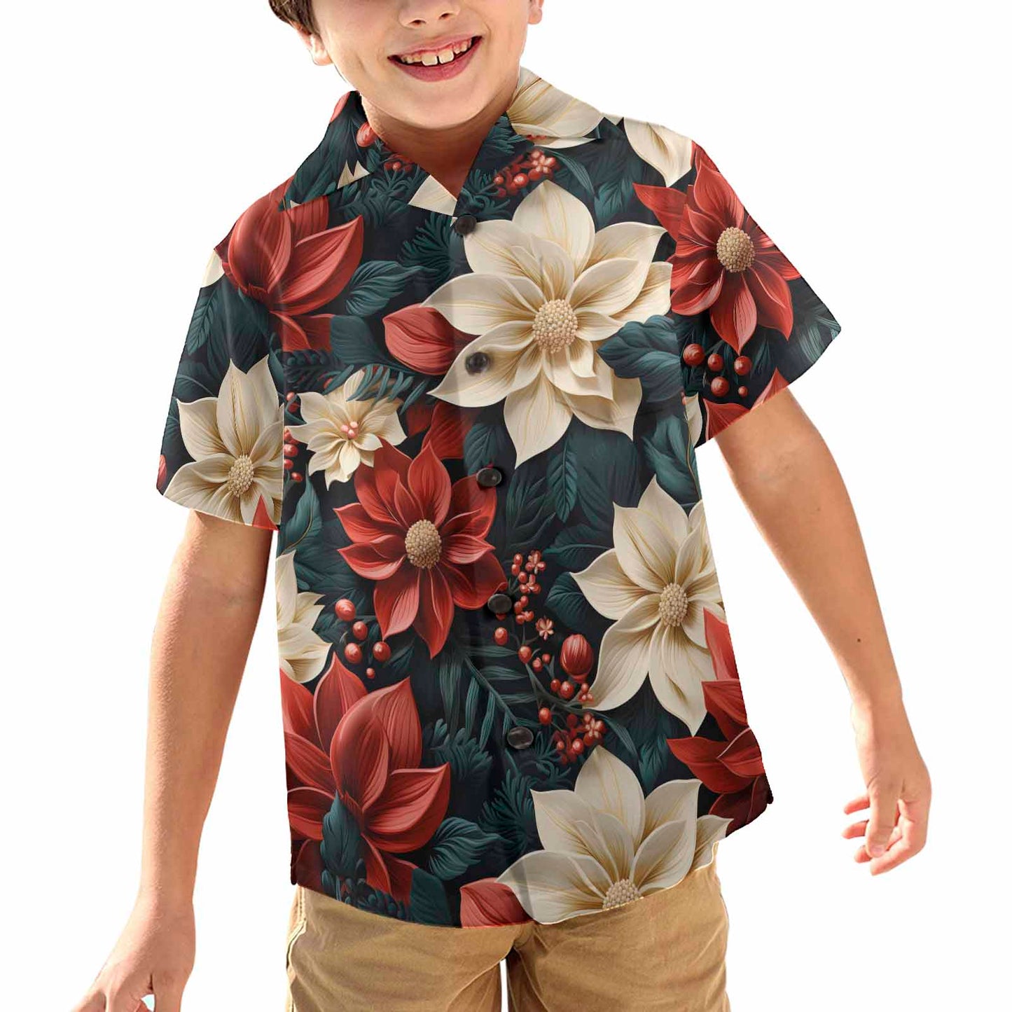 Red Poinsettia  Little Boys Hawaiian Shirt