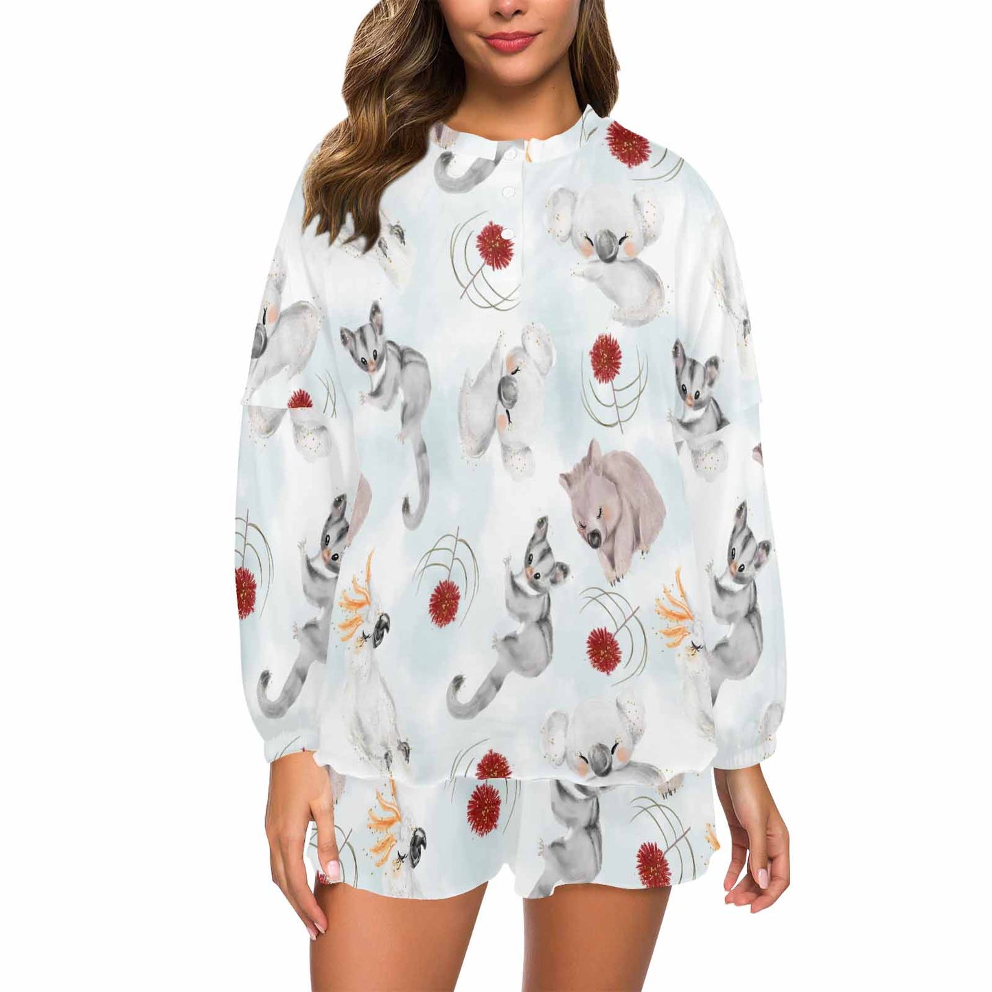 Australian Animals Koala, Sugar Glider, Wombat Women's Long Sleeve Pajama Set with Shorts