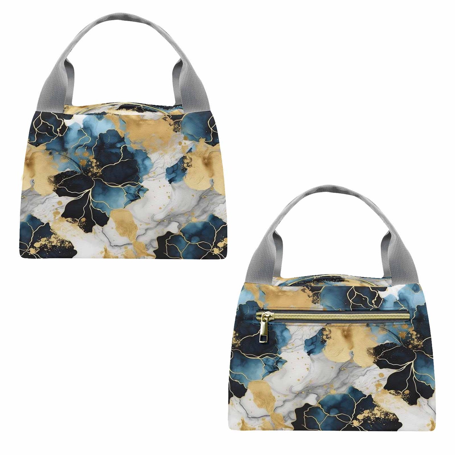 Blue Ink Floral  Portable Lunch Bag-Grey Handle