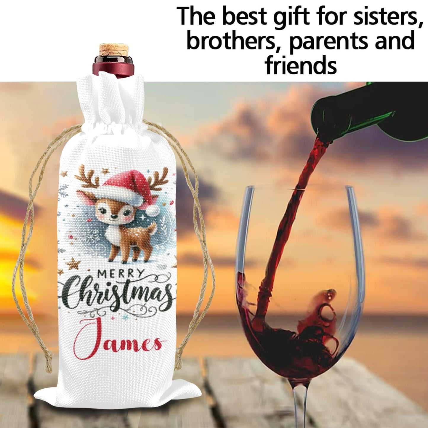 Merry Christmas Reindeer Personalised Linen Wine Bottle Bag