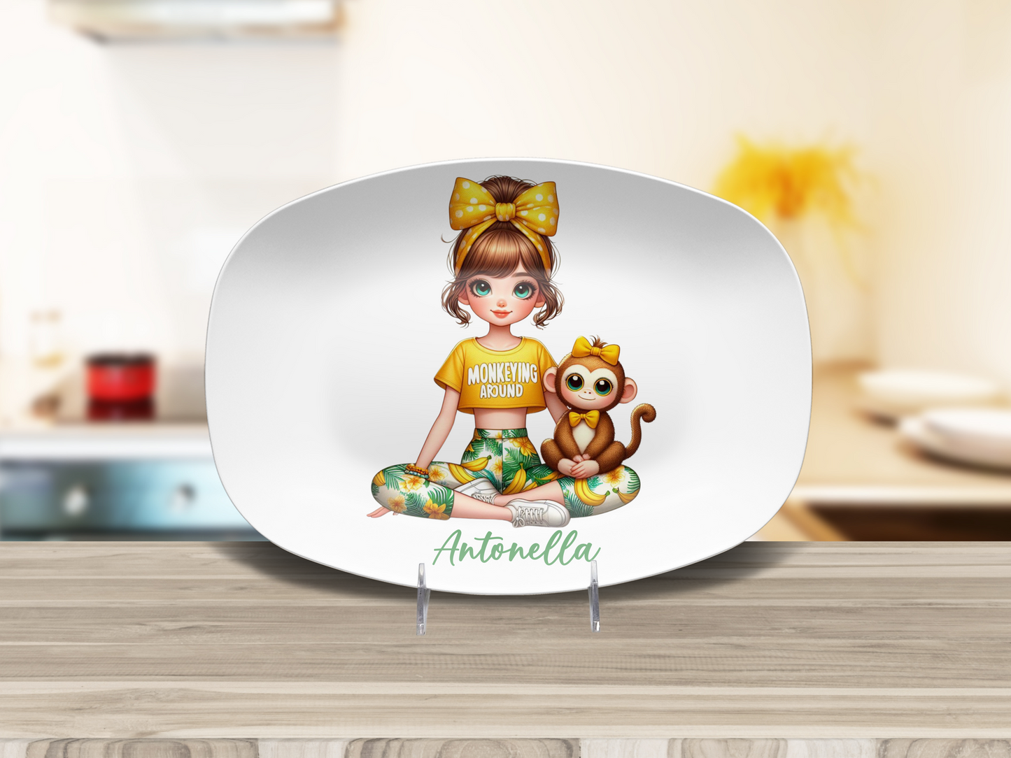 Personalised Girl with Bunny, Cow, Monkey, Penguin, Puppy, Racoon, Swan, Teddy Bear, Zebra Plates