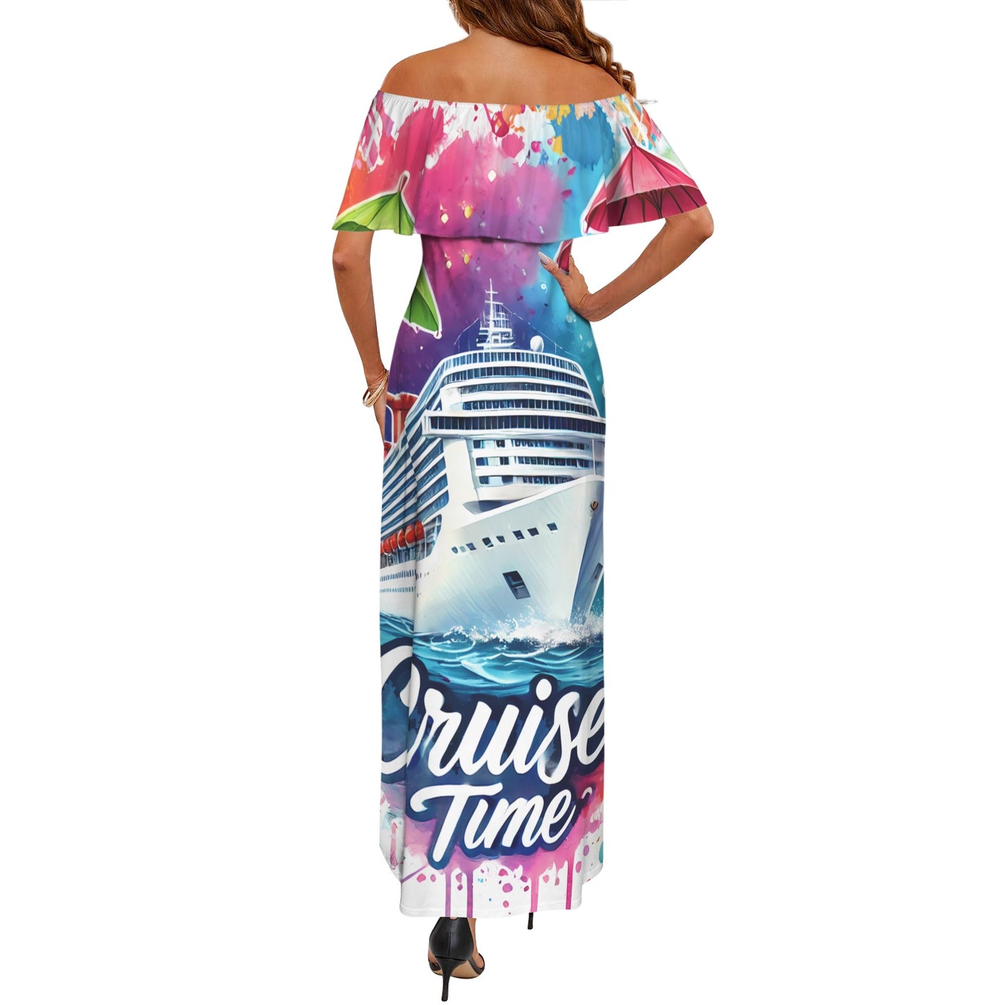 cruise time Women's Off Shoulder Ruffle Boat Neck Dress (Model D71)