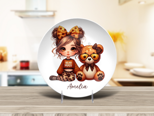 Personalised Girl with Bunny, Cow, Monkey, Penguin, Puppy, Racoon, Swan, Teddy Bear, Zebra Plates