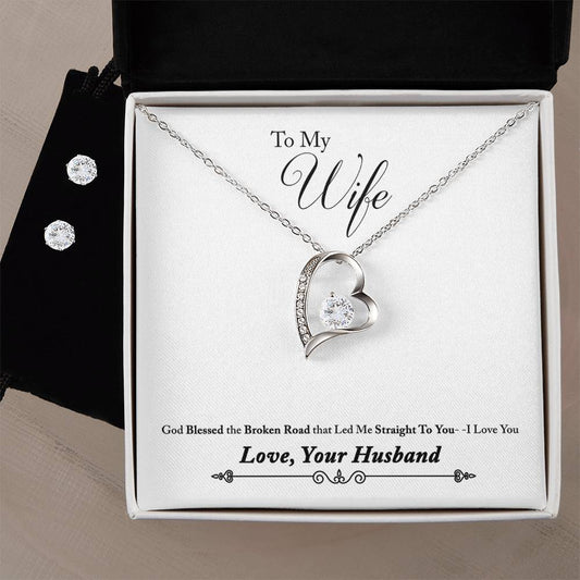 Forever Love Necklace and Cubic Zirconia Earring Set, To My Wife