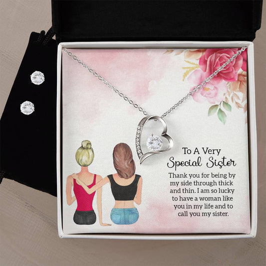 Forever Love Necklace and Cubic Zirconia Earring Set To a Very Special Sister